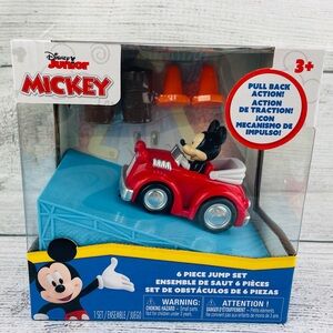 Disney Mickey Mouse Pull Back Car 6 Piece Jump Stunt Set With Ramp Cones NEW
